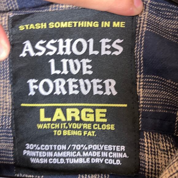 A$$holes Live Fovrever Mens Shirt Navy Beige Plaid Button Down Cotton Blend L - Picture 6 of 12